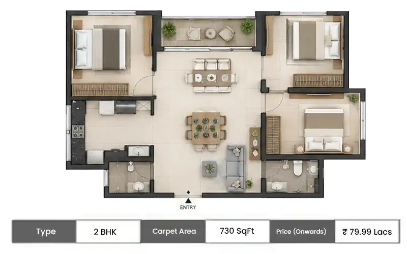 Ajmera One Kalyan 2 BHK floor plan, 730 sq ft carpet area