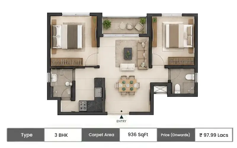 Ajmera One Kalyan 3 BHK floor plan, 936 sq ft carpet area
